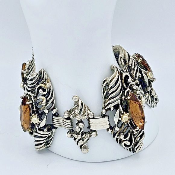 Brutalist Jewel Bracelet Bangle Vtg Brown Jewel Pearl Open Scroll Segment Viking - Picture 4 of 12